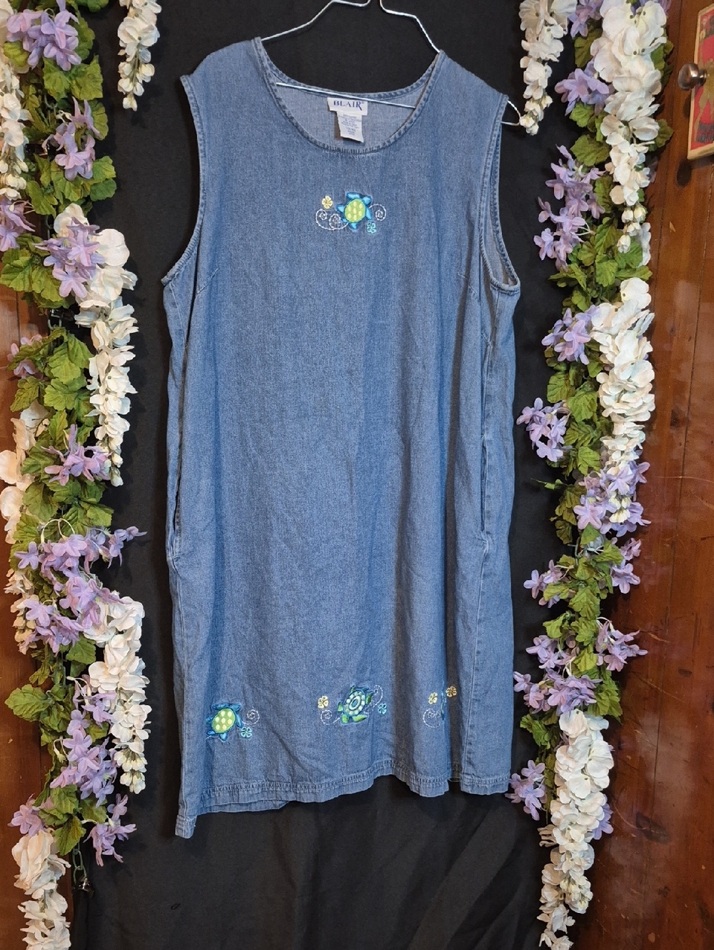 Blair Blue Denim Sleeveless Embroidered Shift Dress with Green Accents